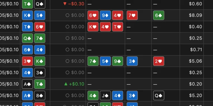 BluffLog hand browser with cards on every row
