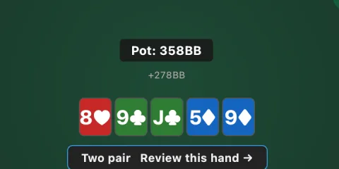 BluffLog replayer with the hand-strength plaque under the board