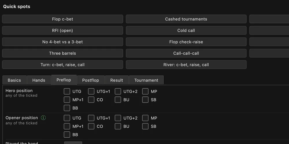 BluffLog filters: the quick spots card above the preflop filters