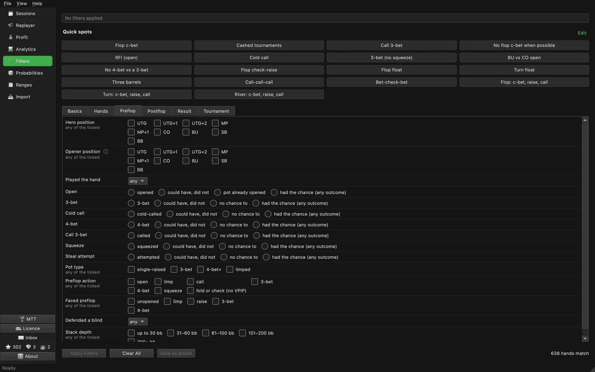 The Filters page in MTT: the Quick spots card with a button per spot, and below it the Preflop tab with hero position and opener position