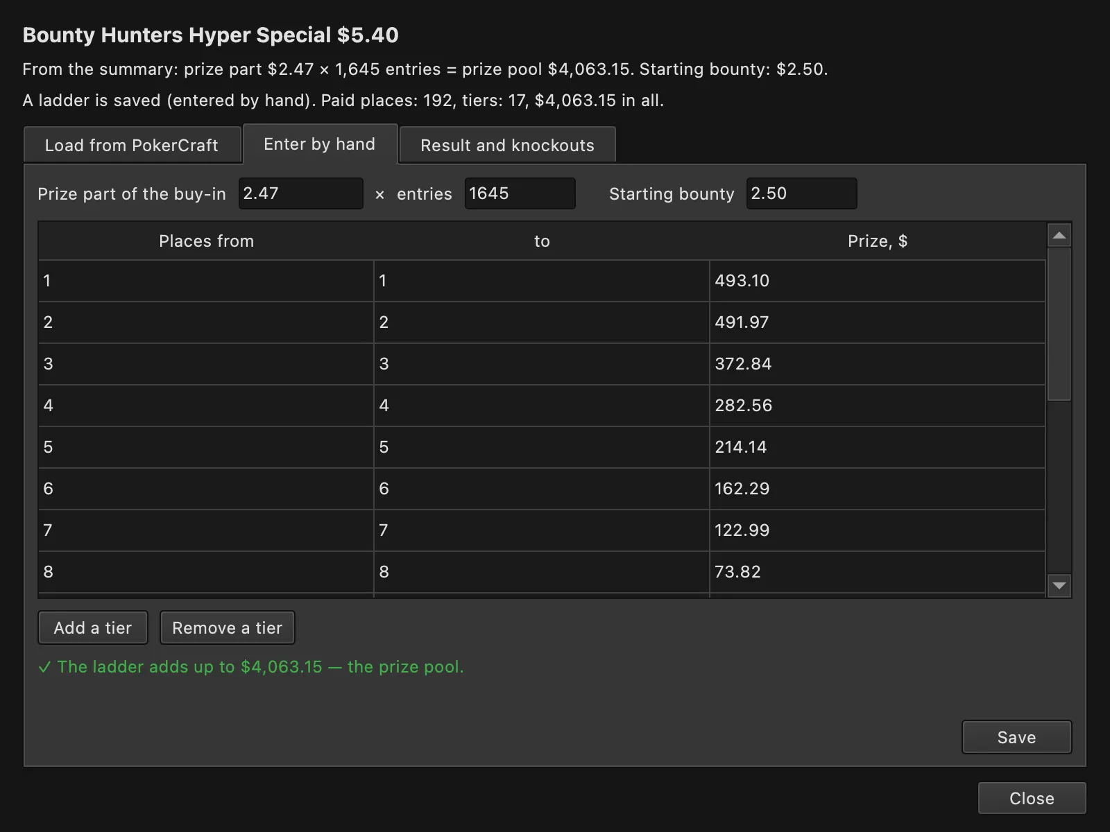 The tournament card on the Enter by hand tab: the prize part of the buy-in, entries, starting bounty and a table of tiers, Places from, to, Prize