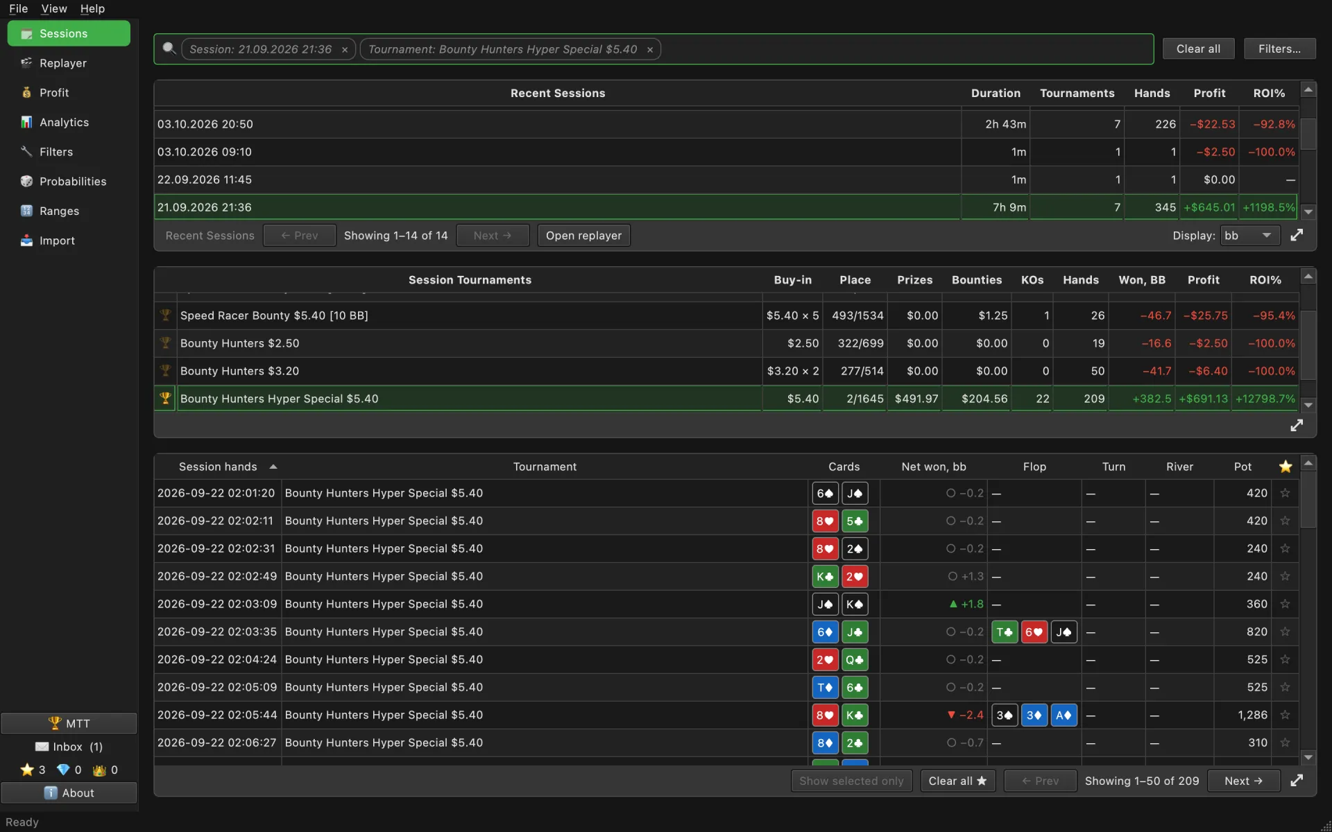 The Sessions page: the selected session's tournaments with Prizes, Bounties and KOs columns, and the session's hands below