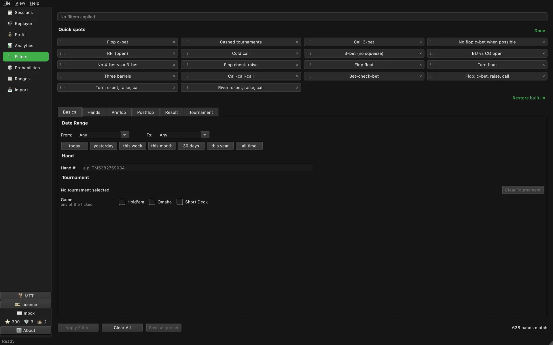 Quick spots in edit mode: a handle on the left and a cross on the right of every button, with "Restore built-in" below