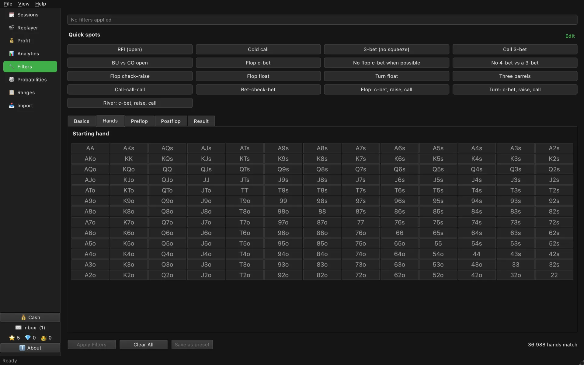 The Filters page in cash: the cash quick spots and the Hands tab with a 13×13 grid of starting hands