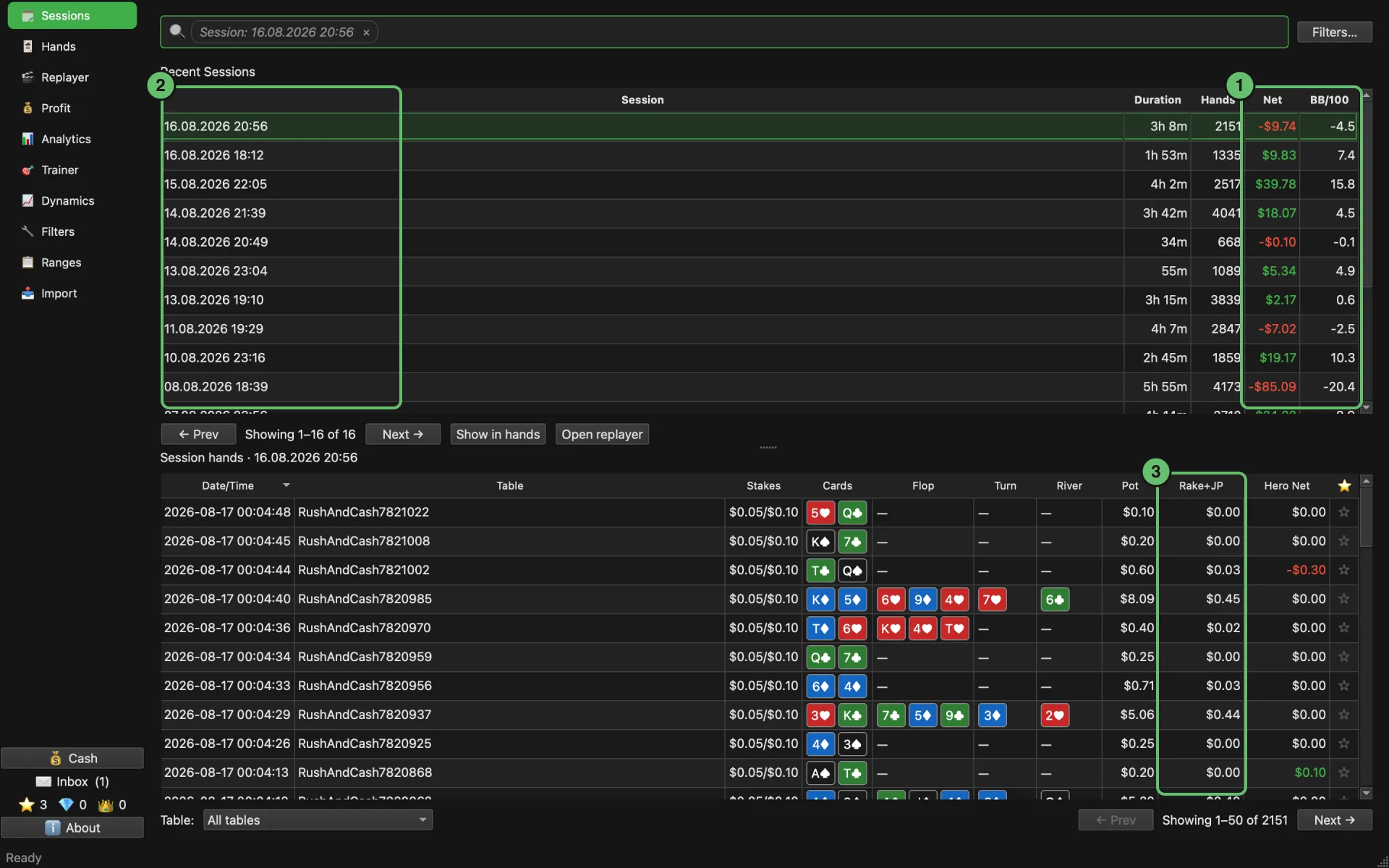 Sessions page: the list of cash sessions with net result and bb/100, and the hands of the selected session below