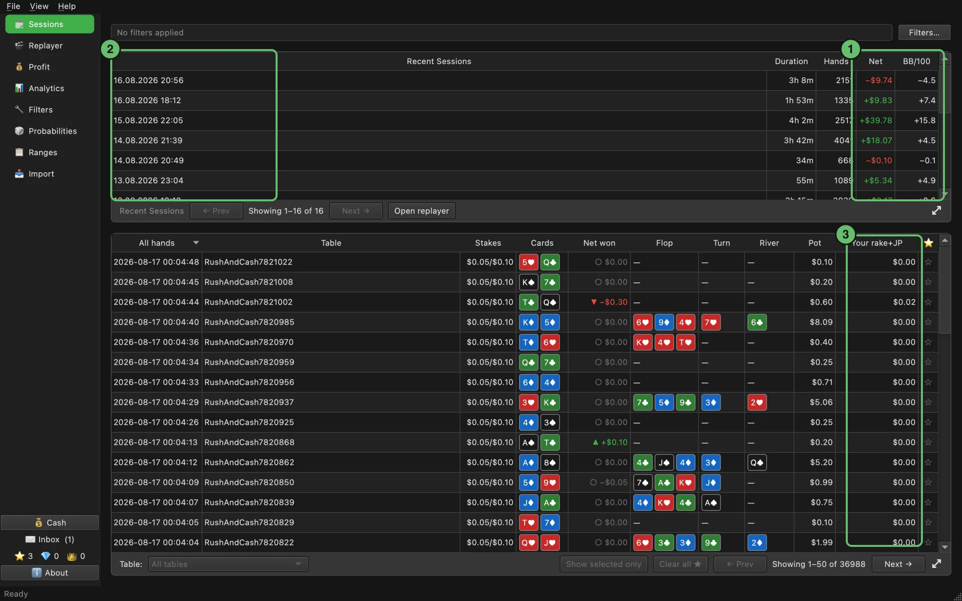 Sessions page: the list of cash sessions with net result and bb/100, and the hands of the selected session below