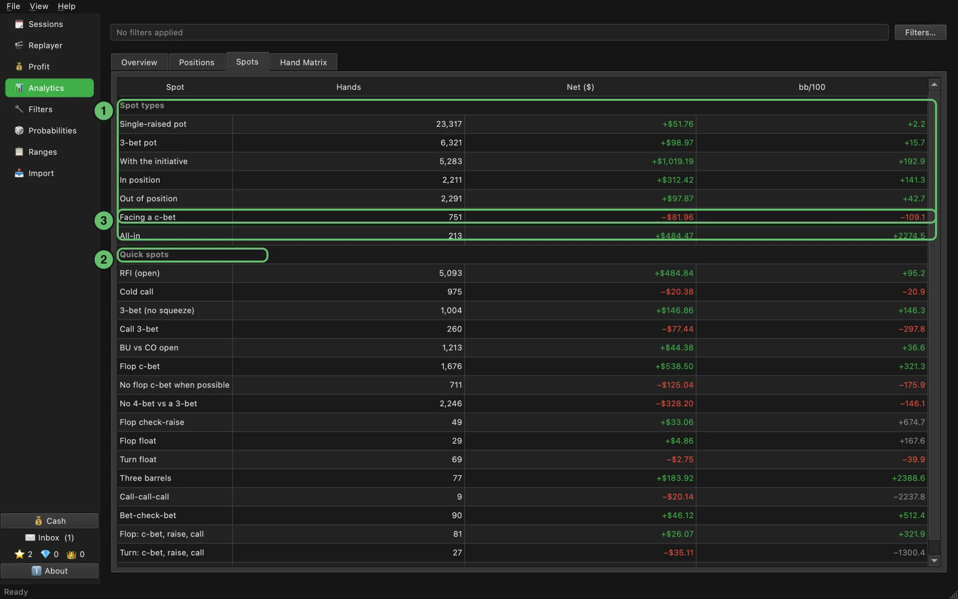 Spots: winrate by spot type and by every quick spot from the filters