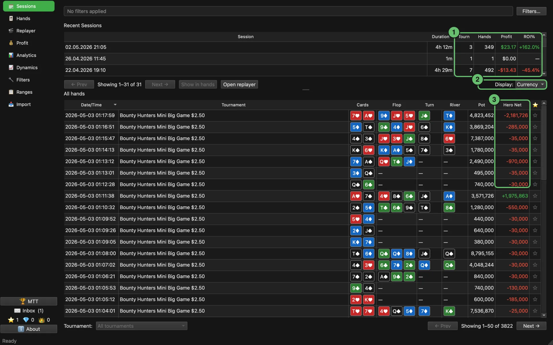 Sessions page in MTT mode: sessions with tournament count, profit and ROI, and all hands below in chips