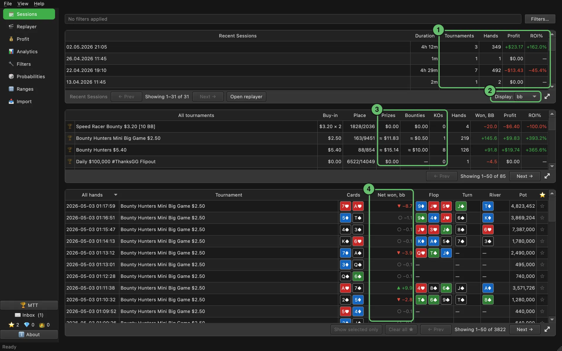 Sessions page in MTT mode: sessions with tournament count, profit and ROI, their tournaments with prizes, bounties and knockouts, and the hands in bb below