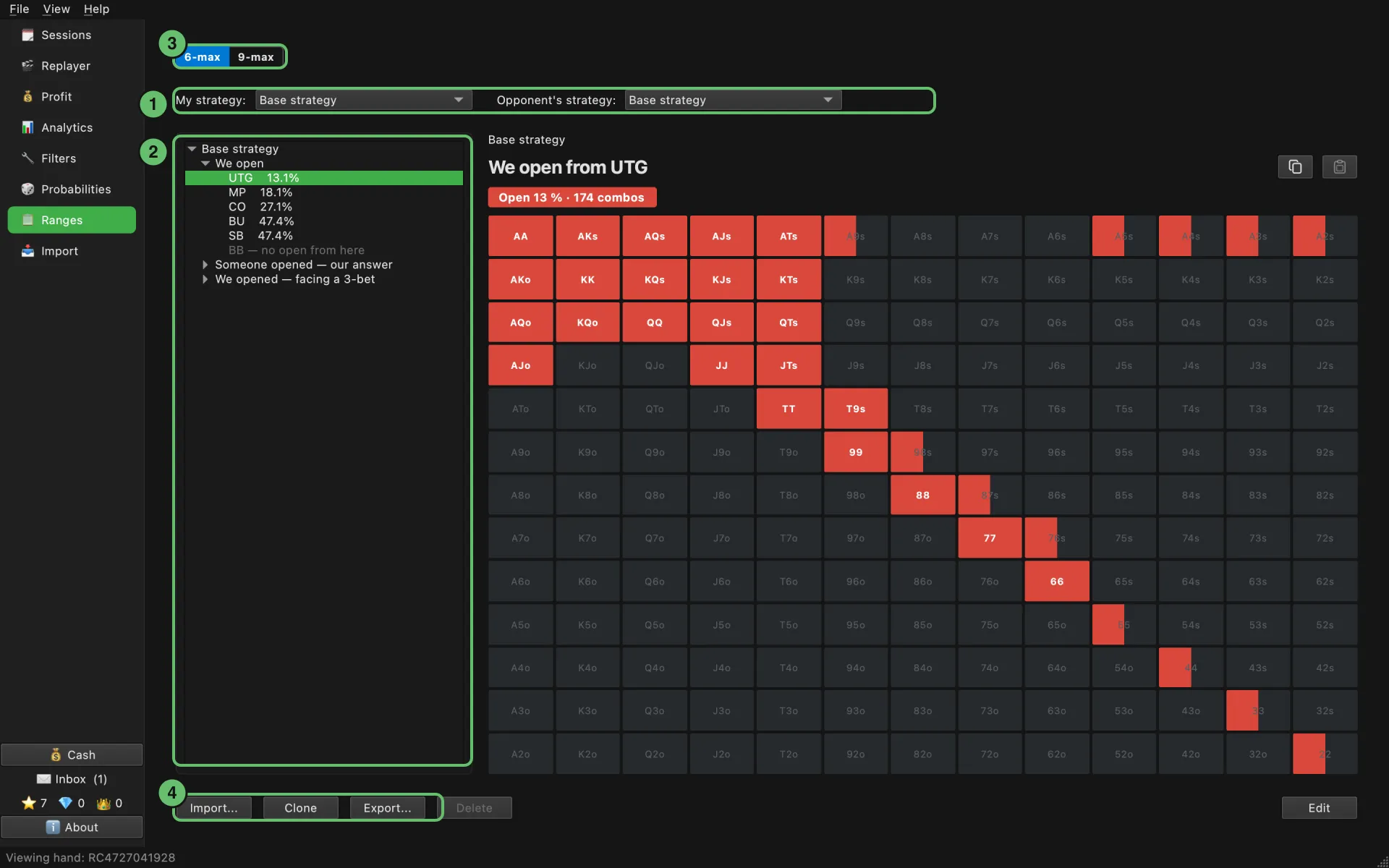 Ranges page: table size, My strategy and Opponent's strategy, the tree of spots and the UTG opening range on the grid