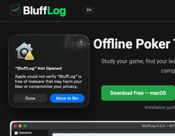 macOS dialog “BluffLog Not Opened” with the Done and Move to Bin buttons