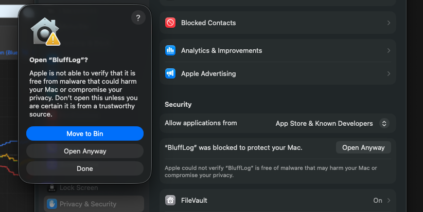 macOS dialog “Open BluffLog?” with Move to Bin, Open Anyway and Done