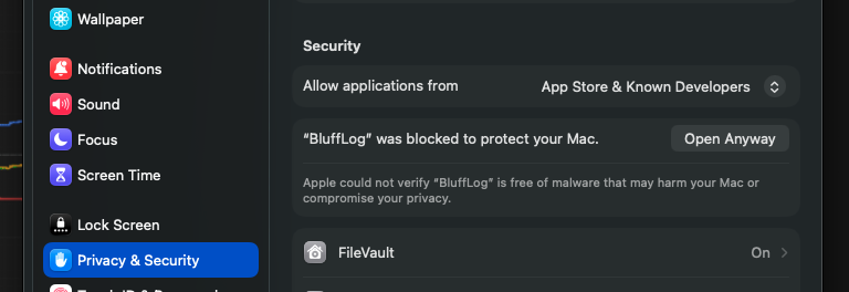 System Settings, Privacy & Security: the line “BluffLog was blocked to protect your Mac” with the Open Anyway button